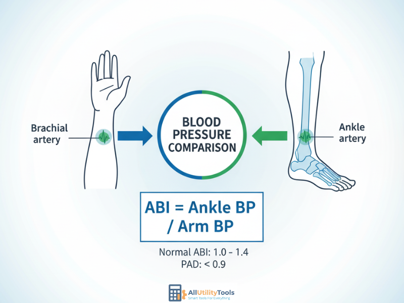 Modern medical illustration showing ankle and arm connection with blood flow lines and digital readings representing Ankle-Brachial Index calculation.
